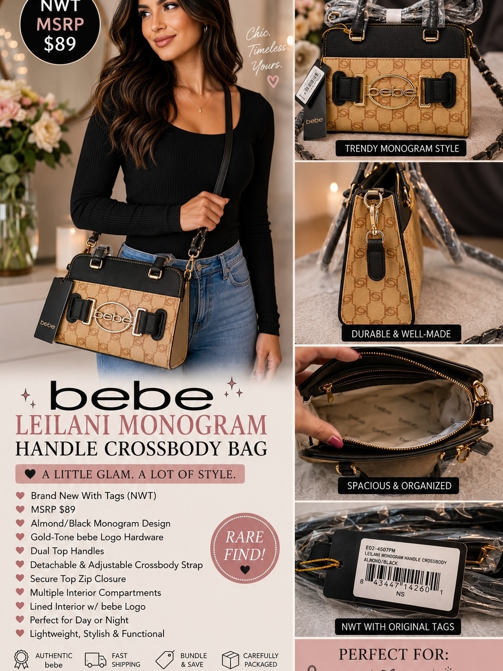 ✨ NWT bebe Leilani Monogram Crossbody Satchel Almond Black ✨️